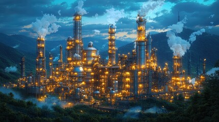 Fototapeta premium A futuristic factory, its metallic skin shimmering under the bright lights of a modern cityscape, where interconnected robots and sensors work tirelessly in perfect harmony, showcasing the advanced 
