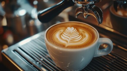 Close up latte art in white cup near espresso machine. Use to promote a cafe or coffee shop business online.