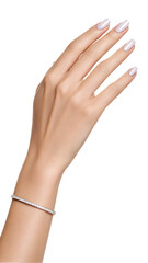 Fototapeta premium Elegant womans hand displaying a diamond bracelet isolated on white background