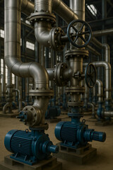Close-Up View of Steel Pipelines, Valves, and Pumps in a Huge Factory Building, Industrial Equipment, Manufacturing Infrastructure, Industrial System.