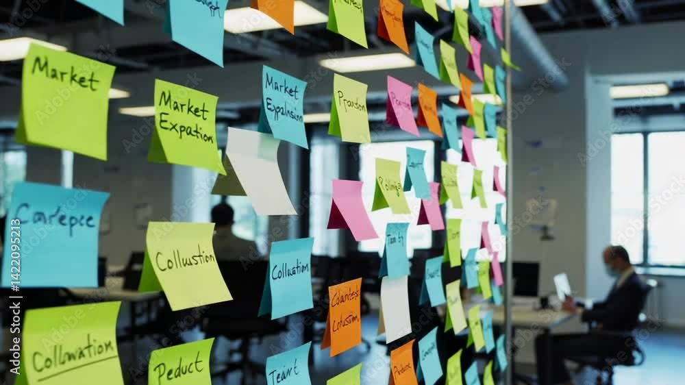 Poster colorful sticky notes with various business related terms are attached to a glass wall in an office 