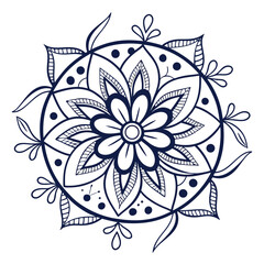 Circular flower mandala in vintage floral style, hand-drawn oriental vector pattern with petal shapes, decorative design for relaxation, meditation, or logo use on white background