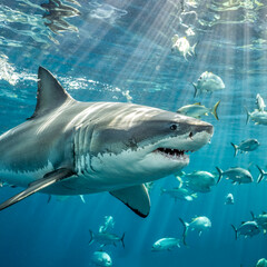 Naklejka premium Majestic Great White Shark Swimming Underwater With A School Of Fish