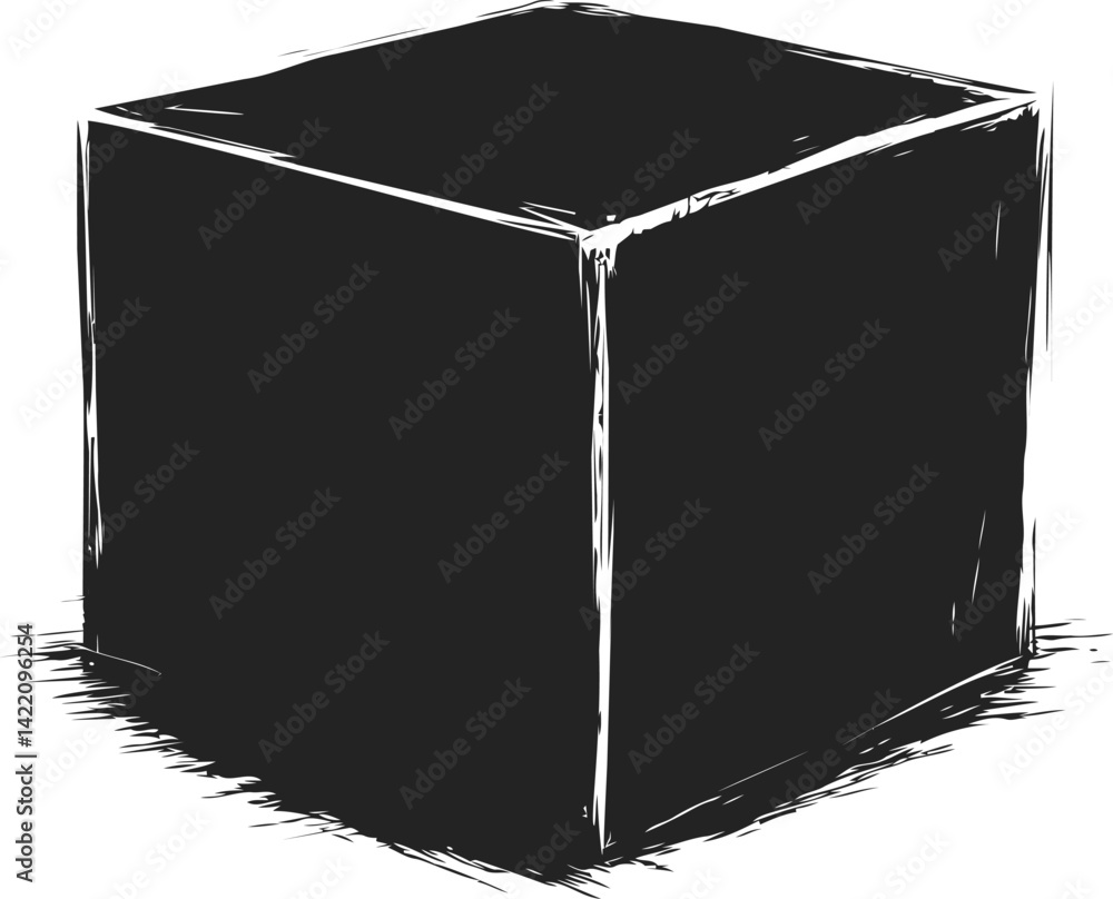 Poster black and white sketch of a cube with rough edges, artistic abstraction. vector illustration