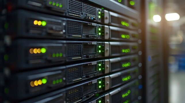 A row of computer servers with green lights on