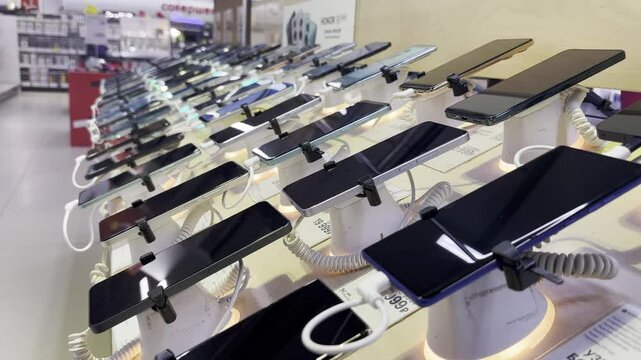 Smartphones on a window in an electronics store