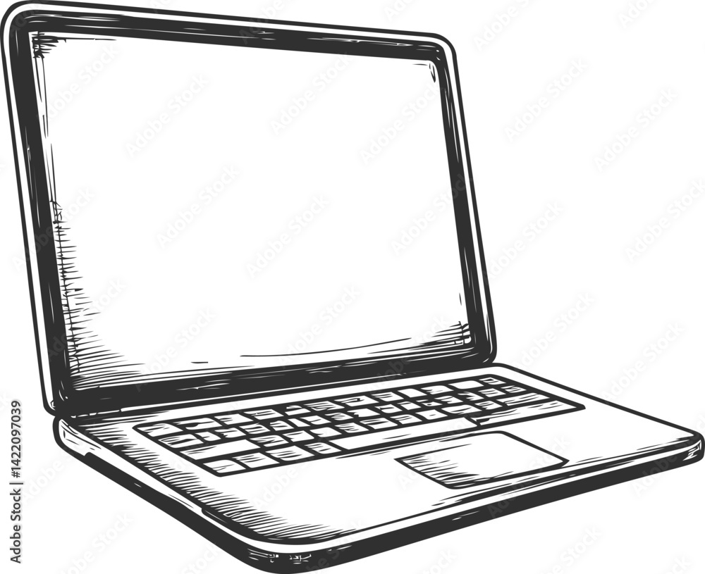 Aufkleber monochrome sketch of an open laptop computer with blank screen. vector illustration