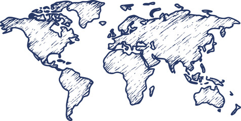 Hand-drawn world map sketch in blue ink with continents and ocean details. Vector illustration