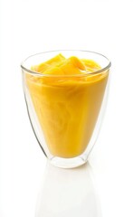 Mango smoothie in a glass cup, isolated on a white background.