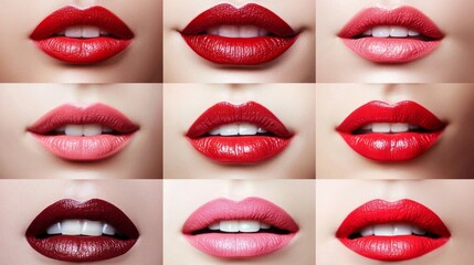 Obraz premium A row of women's lips, each with a different shade of red lipstick