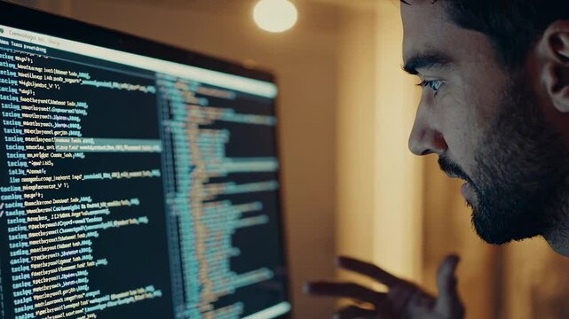Software developer concentrating on complex code displayed on computer screen, meticulously reviewing and refining lines of code in a dimly lit room