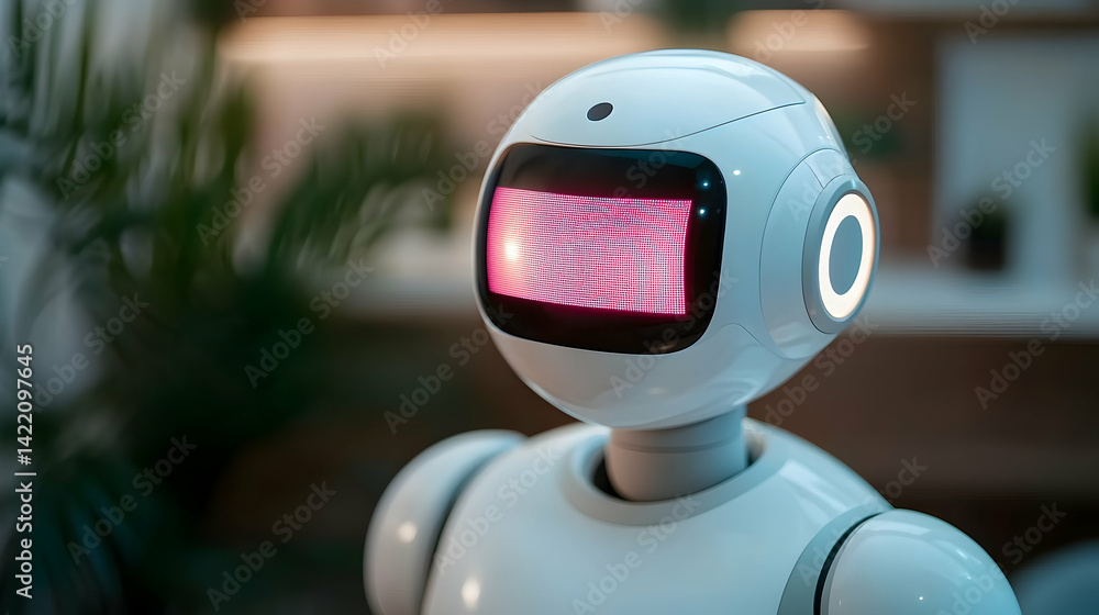 Poster close up of a white humanoid robot with pink display screen in a tech meeting