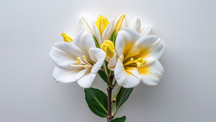 Fototapeta premium Elegant White And Yellow Frangipani Flowers On A Neutral Background With Green Leaves