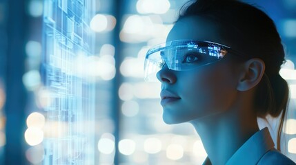A woman wearing futuristic glasses views a holographic city blueprint, showcasing advanced technology and urban planning.