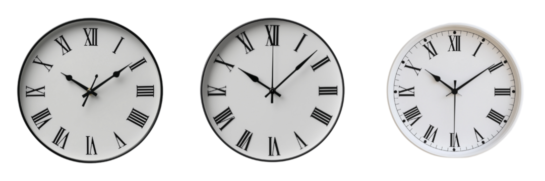 A set of classic round wall clocks with black numerals and sleek hands, isolated on a pure white background