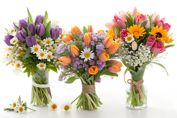 Fototapeta premium Three Spring Flower Bouquets with Tulips and Daisies