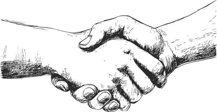 Black and white sketch of two hands shaking firmly with trust and cooperation. Vector illustration