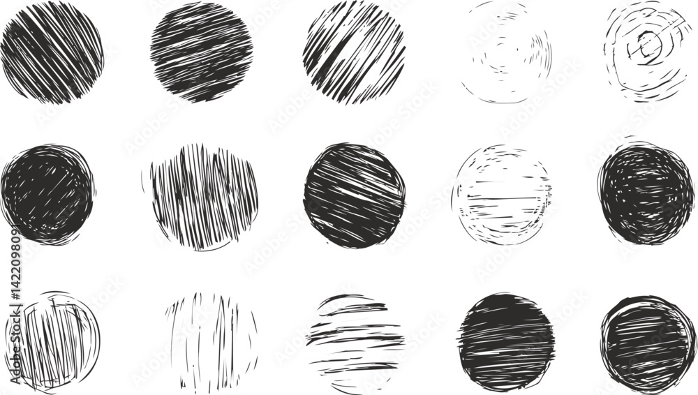Aufkleber abstract black and white scribbled circles in a grid with a textured look. vector illustration