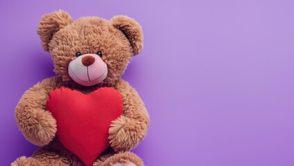 Adorable Fluffy Teddy Bear Holding a Red Heart, Set Against a Soft Purple Background, Representing Love, Affection, and Warmth. Perfect for Valentine's Day, Friendship, or Gift Themed Concepts