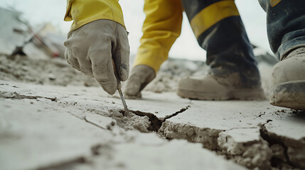 Construction Worker Using Chisel to Break Concrete