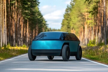 Teal electric vehicle on a road through a pine forest