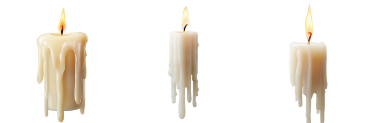A set of close-up burning white candles with wax dripping down, isolated on a transparent background