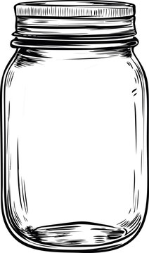 Black and white sketch of an empty mason jar with detailed line art. Vector illustration