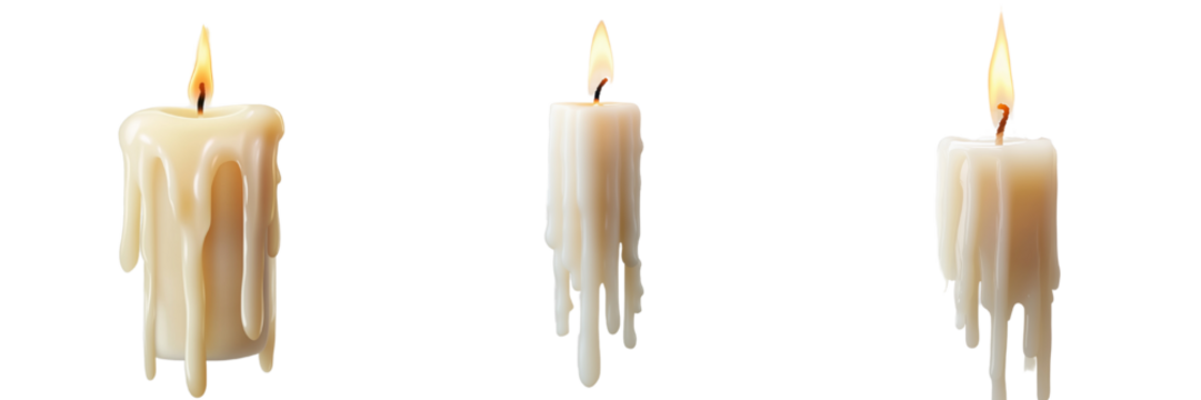 A set of close-up burning white candles with wax dripping down, isolated on a transparent background