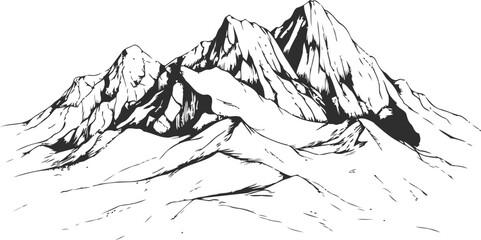 Fototapeta premium Black and white sketch of rugged mountain peaks with detailed contours. Vector illustration