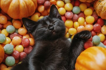 Cute kitten sleeps surrounded by colorful candy and small pumpkins. Perfect for autumn, Halloween, and pet related advertising projects.