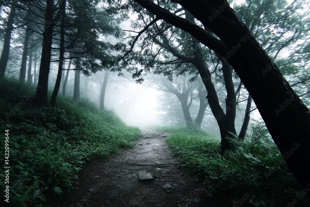 Poster misty forest path - a tranquil path winds through a misty forest, sunlight barely visible through th