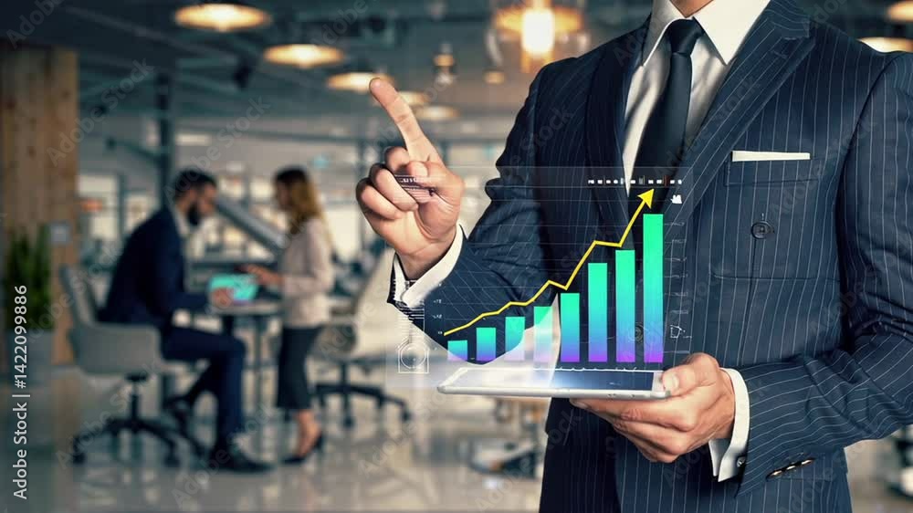 Poster Businessman in a suit using a futuristic transparent tablet, showcasing growth charts and various data visualizations, with colleagues working in the background of a modern office