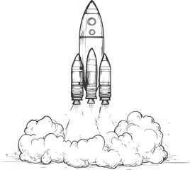 Fototapeta premium Rocket launching with thick smoke in black and white sketch style illustration. Vector illustration