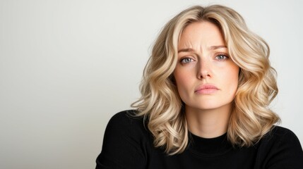 Fototapeta premium Contemplative beautiful blonde woman studio setting portrait photography neutral background close-up view emotional expression