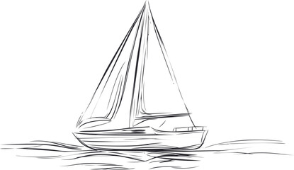 Black and white sketch of a sailboat on ocean waves, minimalist art design. Vector illustration