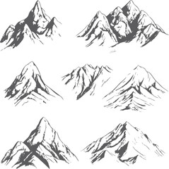 Black and white sketches of various mountain peaks, conceptual illustration. Vector illustration