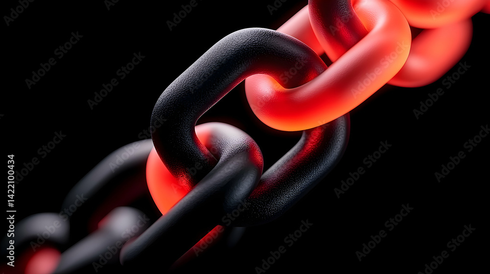 Poster close-up of interlinked red and black chain links with glowing lights on dark background