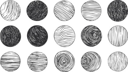 Black and white hand-drawn textured circles in a grid pattern illustration. Vector illustration