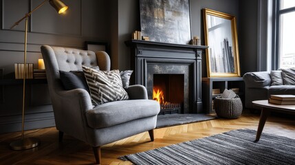 Fototapeta premium Cozy living room with fireplace, modern decor, armchair, and gold-framed mirror in natural daylight