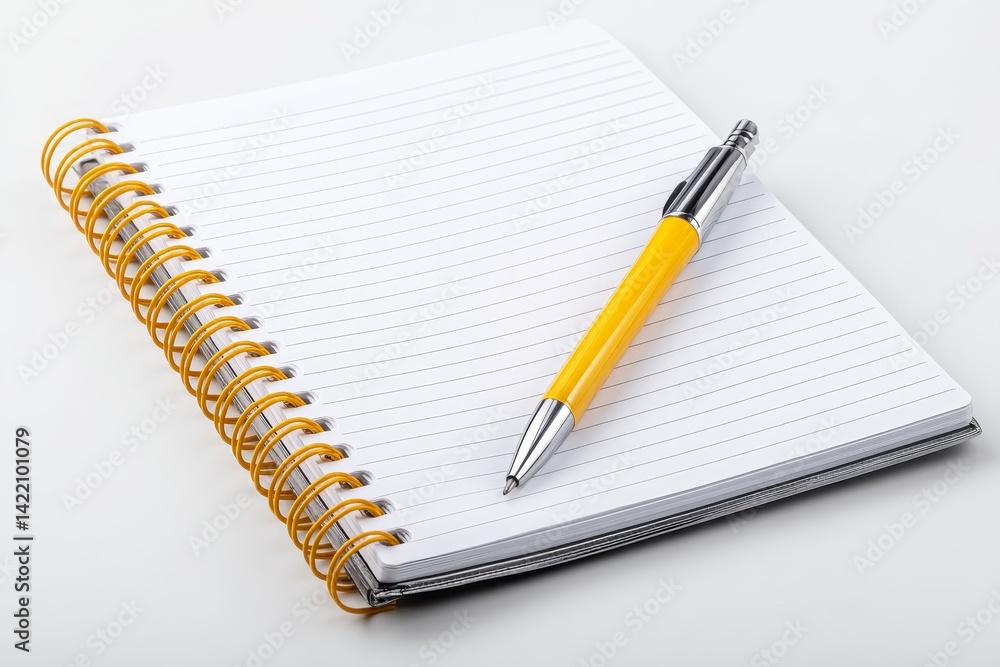 Poster spiral notebook and yellow pen - a yellow pen rests on a blank spiral notebook, ready for notes or i