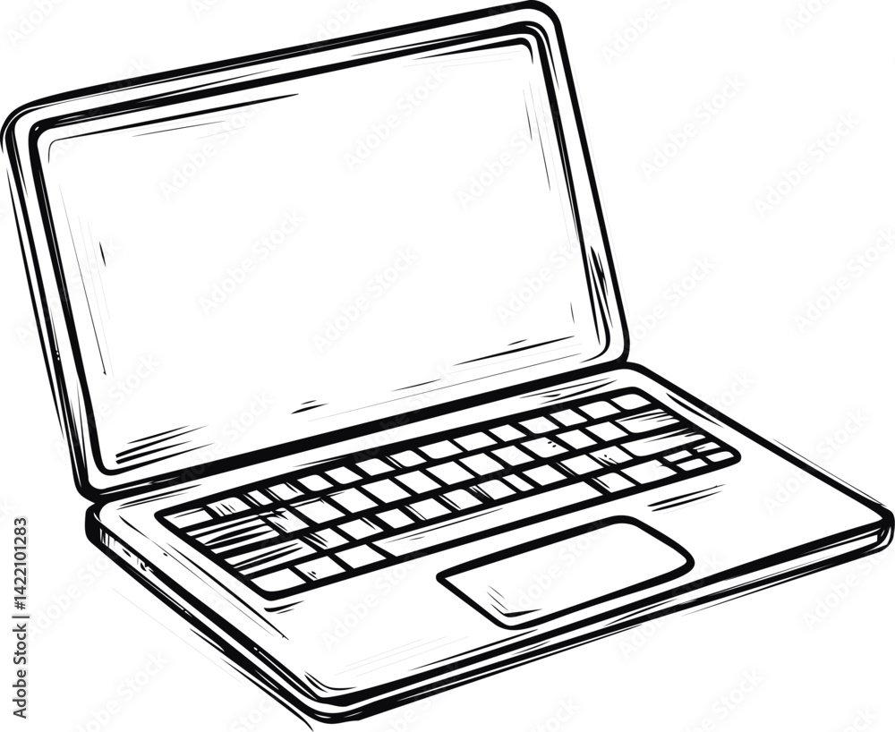 Poster black and white sketch of a laptop computer with keyboard and blank screen. vector illustration