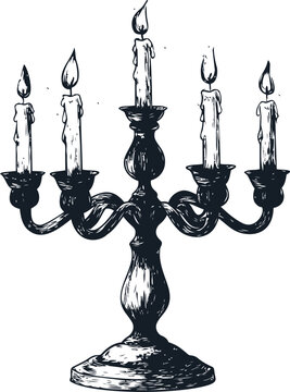 Vintage black and white illustration of a burning candelabra with five candles. Vector illustration