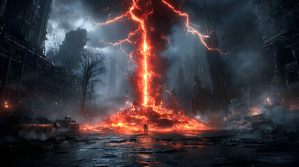 A fiery apocalyptic landscape with a silhouetted figure facing a volcanic eruption. Use for fantasy game concepts or dramatic illustrations. Perfect for dark themed projects