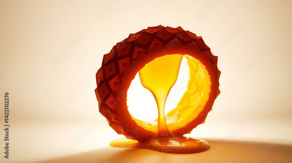 Poster abstract geometric donut shape with caramel liquid pouring through it