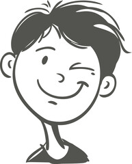 Black and white cartoon boy winking with mischievous expression, vector art. Vector illustration