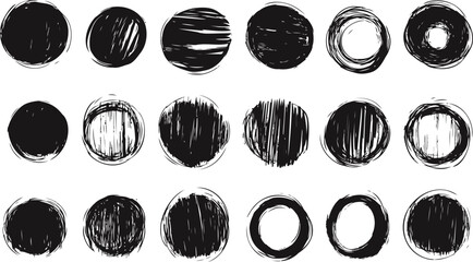 Black ink hand-drawn circles in various styles, abstract pattern. Vector illustration