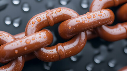 Close-Up of Rusty Brown Metal Chain Links with Shiny Surface and Water Drops