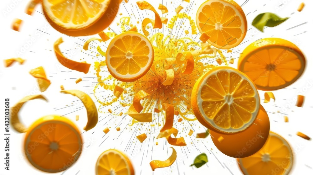 Poster bursting with freshness vibrant orange slices and peels exploding in air
