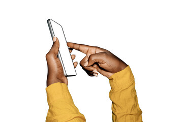 Black african hands in yellow long sleeves shirt Holding and pointing to blank mobile phone screen over transparent background side view