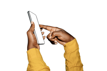 Black african hands in yellow long sleeves shirt Holding and pointing to blank mobile phone screen over transparent background side view